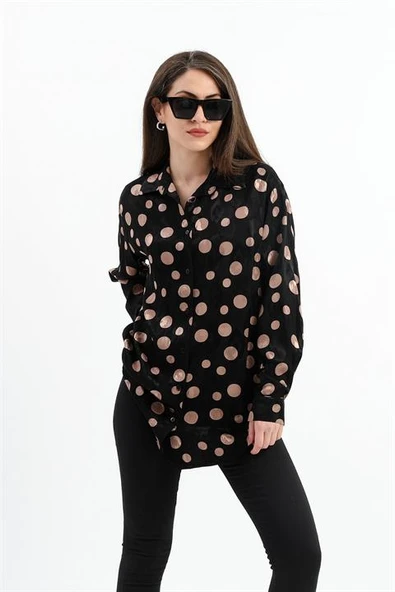 Düşük Kol Puantiye Desen Saten Gömlek - Siyah-Camel ürün görseli 1