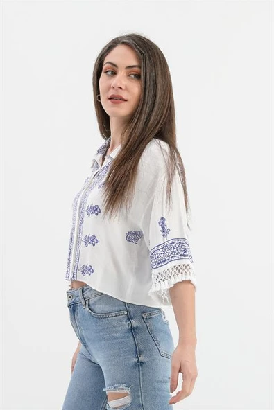 Antik Desenli Kolları Püsküllü Gömlek - SaksMavisi - Resim 2