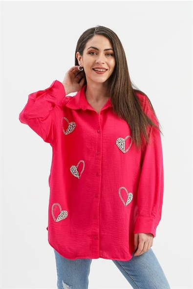 Taşlı Kalp İşlemeli Keten Gömlek - Fuşya - Resim 3
