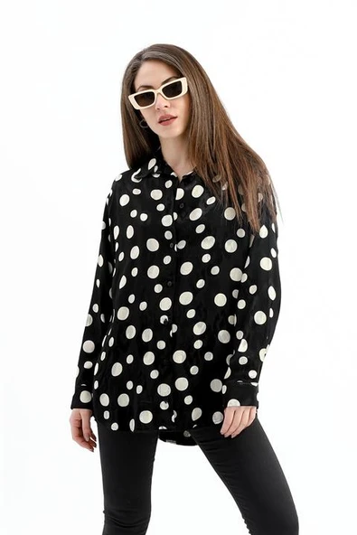 Düşük Kol Puantiye Desen Saten Gömlek - Siyah-Ekru - Resim 3