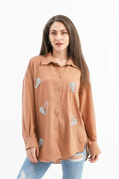 Taşlı Kalp İşlemeli Keten Gömlek - Vizon ürün görseli 1