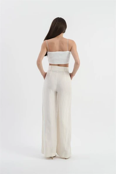 Yüksek Bel Bol Paça Keten Pantolon - Ekru - Resim 4