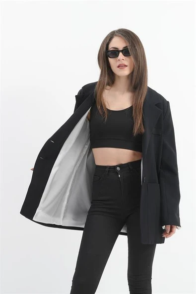 Kol Ağzı Çizgili Cepli Poliviskon Ceket - Lacivert - Resim 3