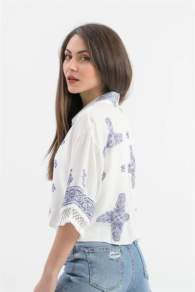 Antik Desenli Kolları Püsküllü Gömlek - SaksMavisi - Resim 4