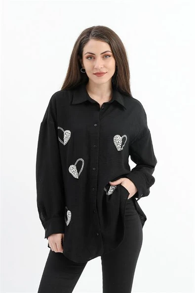 Taşlı Kalp İşlemeli Keten Gömlek - Siyah - Resim 2