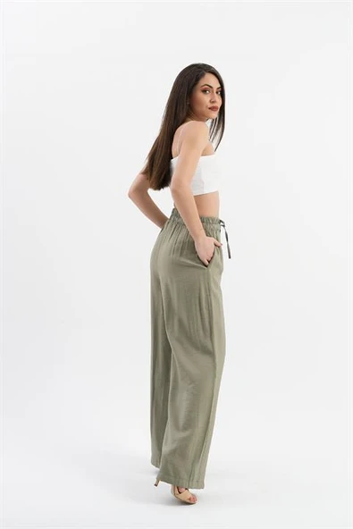 Parlak Keten Cepli Beli Lastikli Pantolon - Haki - Resim 3