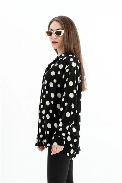 Düşük Kol Puantiye Desen Saten Gömlek - Siyah-Ekru - Resim 5