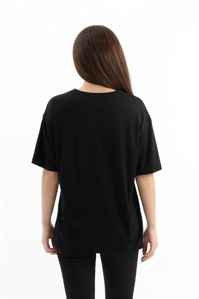 Bisiklet Yaka Halka Ve Boncuk Detaylı T-shirt - Siyah - Resim 5