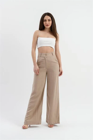 Yüksek Bel Bol Paça Keten Pantolon - Vizon ürün görseli 1