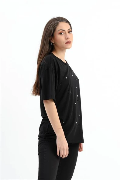 Bisiklet Yaka Halka Ve Boncuk Detaylı T-shirt - Siyah - Resim 4