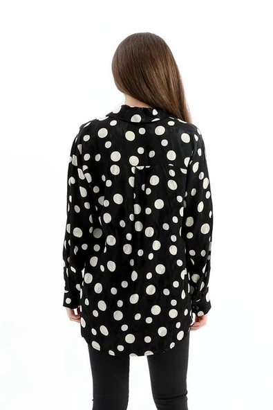 Düşük Kol Puantiye Desen Saten Gömlek - Siyah-Ekru - Resim 6