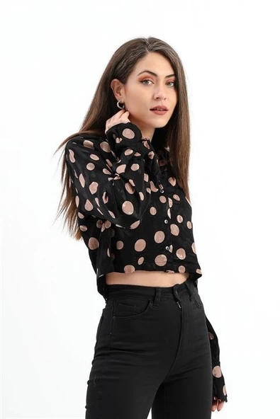 Omuzları Vatkalı Kolları Volanlı Puantiyeli Saten Gömlek - Siyah-Camel - Resim 2