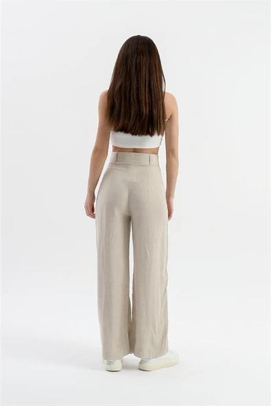Yüksek Bel Bol Paça Keten Pantolon - Taş - Resim 4