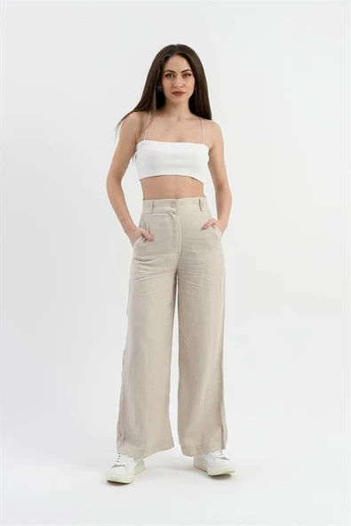 Yüksek Bel Bol Paça Keten Pantolon - Taş - Resim 2