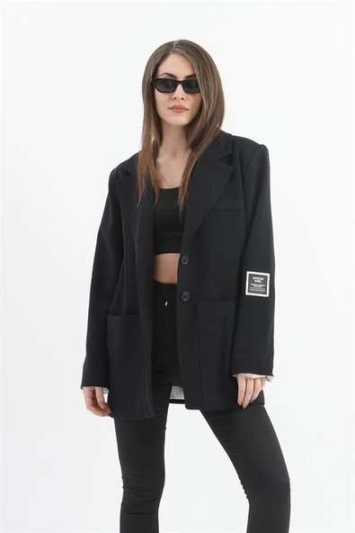 Kol Ağzı Çizgili Cepli Poliviskon Ceket - Lacivert ürün görseli 1