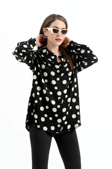 Düşük Kol Puantiye Desen Saten Gömlek - Siyah-Ekru - Resim 2