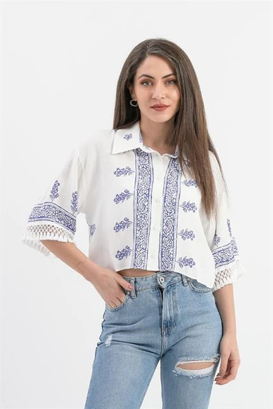 Antik Desenli Kolları Püsküllü Gömlek - SaksMavisi - Resim 3