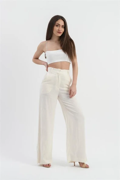 Yüksek Bel Bol Paça Keten Pantolon - Ekru ürün görseli 1