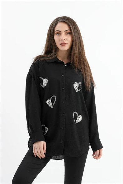Taşlı Kalp İşlemeli Keten Gömlek - Siyah - Resim 3
