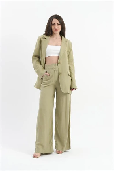 Yüksek Bel Bol Paça Keten Pantolon - Yağ Yeşili ürün görseli 1