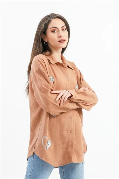 Taşlı Kalp İşlemeli Keten Gömlek - Vizon - Resim 3