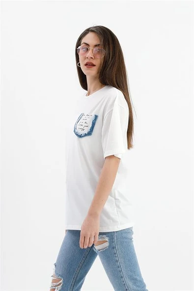 Bisiklet Yaka Kot Cep Detaylı T- shirt - Ekru - Resim 3