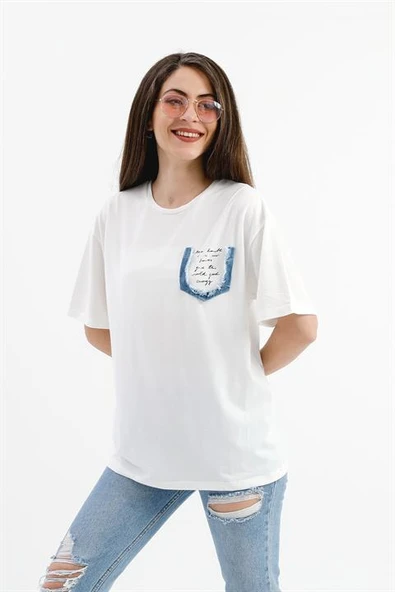 Bisiklet Yaka Kot Cep Detaylı T- shirt - Ekru ürün görseli 1