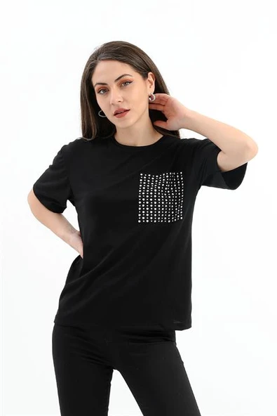 Zımba Detaylı Cepli T- shirt - Siyah ürün görseli 1