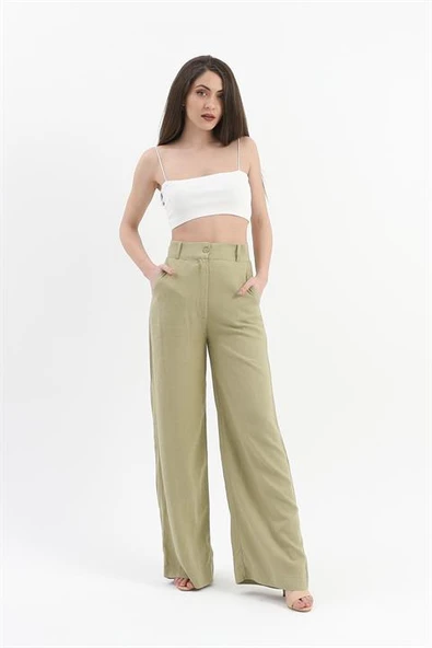 Yüksek Bel Bol Paça Keten Pantolon - Yağ Yeşili - Resim 2