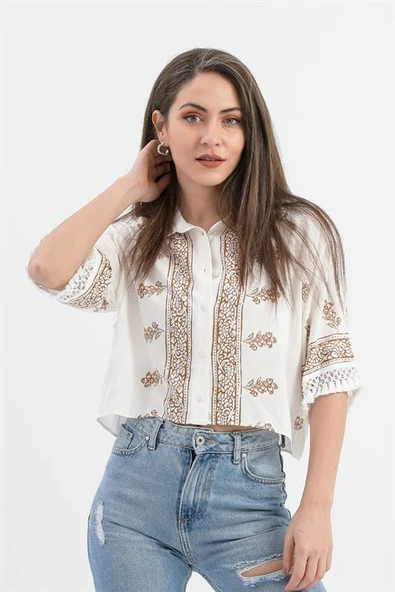 Antik Desenli Kolları Püsküllü Gömlek - Kahverengi - Resim 3