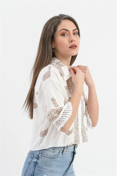 Antik Desenli Kolları Püsküllü Gömlek - Kahverengi - Resim 4