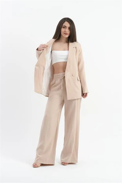 Parlak Keten Cepli Beli Lastikli Pantolon - Taş ürün görseli 1