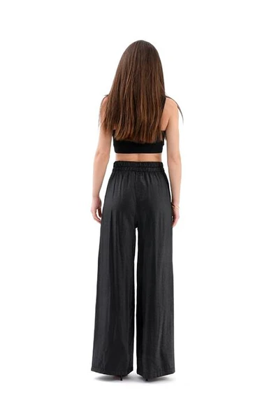 Parlak Keten Cepli Beli Lastikli Pantolon - Siyah - Resim 6