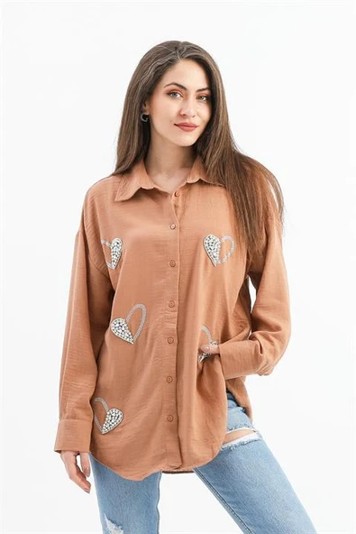 Taşlı Kalp İşlemeli Keten Gömlek - Vizon - Resim 2