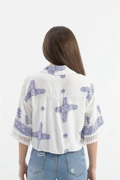 Antik Desenli Kolları Püsküllü Gömlek - SaksMavisi - Resim 5