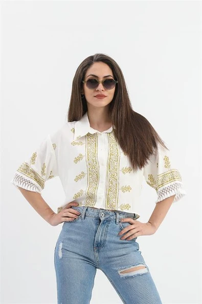 Antik Desenli Kolları Püsküllü Gömlek - Haki ürün görseli 1