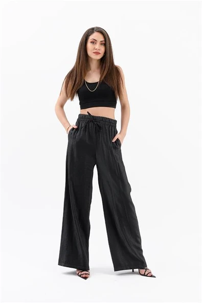 Parlak Keten Cepli Beli Lastikli Pantolon - Siyah - Resim 2