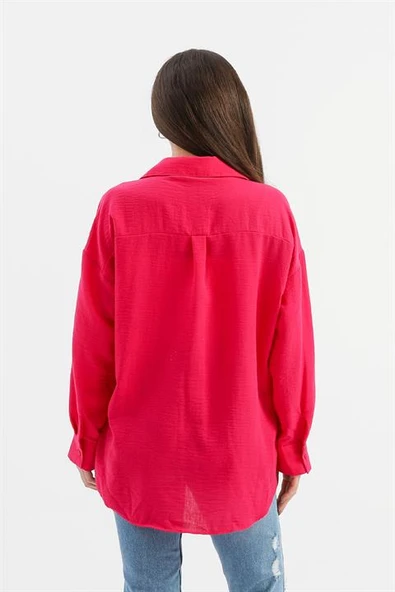 Taşlı Kalp İşlemeli Keten Gömlek - Fuşya - Resim 5