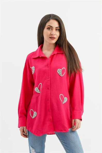 Taşlı Kalp İşlemeli Keten Gömlek - Fuşya - Resim 2