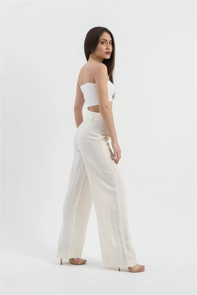 Yüksek Bel Bol Paça Keten Pantolon - Ekru - Resim 3