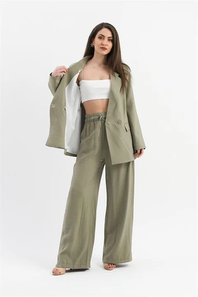 Parlak Keten Cepli Beli Lastikli Pantolon - Haki - Resim 4