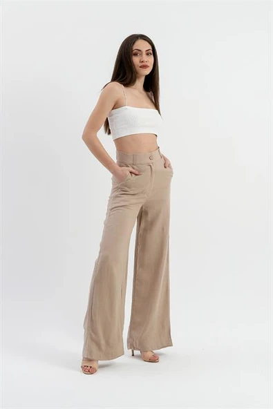 Yüksek Bel Bol Paça Keten Pantolon - Vizon - Resim 2