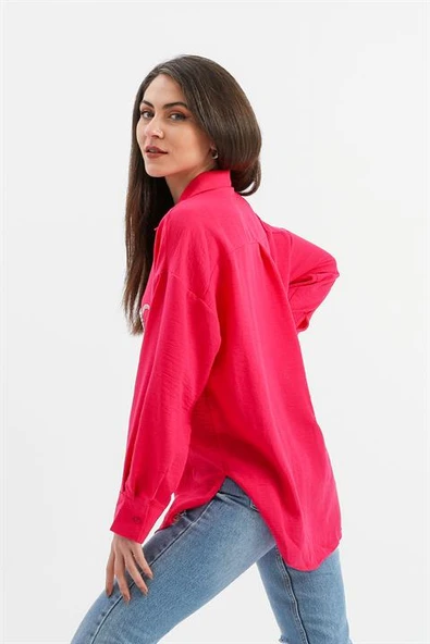 Taşlı Kalp İşlemeli Keten Gömlek - Fuşya - Resim 4