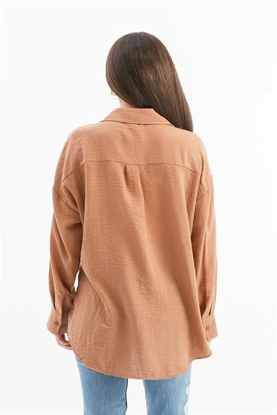 Taşlı Kalp İşlemeli Keten Gömlek - Vizon - Resim 5