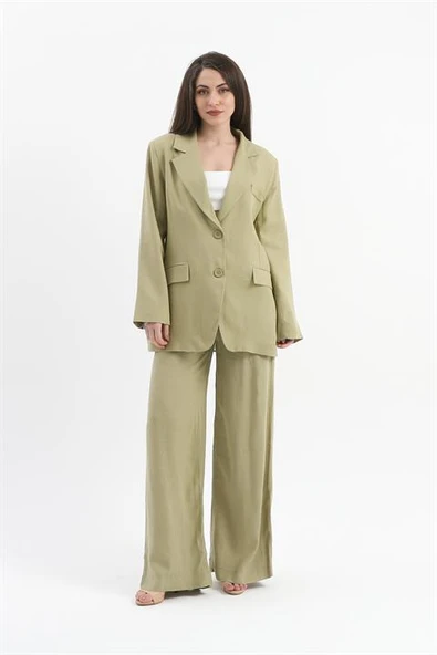 Yüksek Bel Bol Paça Keten Pantolon - Yağ Yeşili - Resim 3