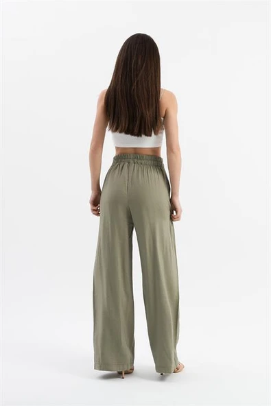 Parlak Keten Cepli Beli Lastikli Pantolon - Haki - Resim 6