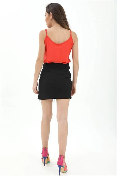 Mini Etek Zincir Detaylı Atlas Kumaş - Siyah - Resim 6