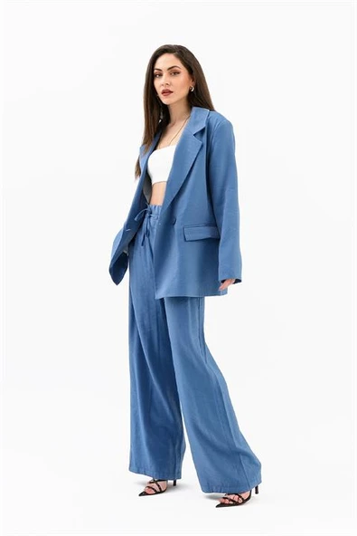 Kruvaze Yaka Parlak Keten Blazer Ceket - İndigo - Resim 5