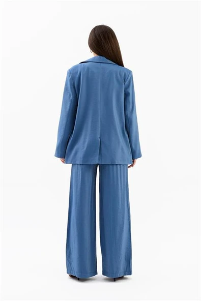 Kruvaze Yaka Parlak Keten Blazer Ceket - İndigo - Resim 7