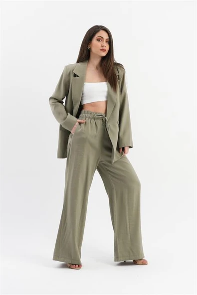 Kruvaze Yaka Parlak Keten Blazer Ceket - Haki - Resim 5